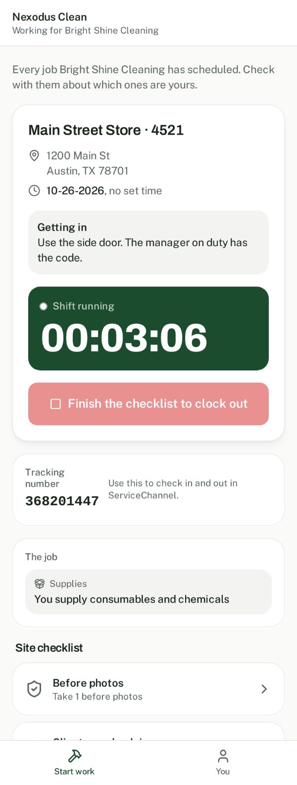 A crew member on Start Work with the tracking number and checklist
