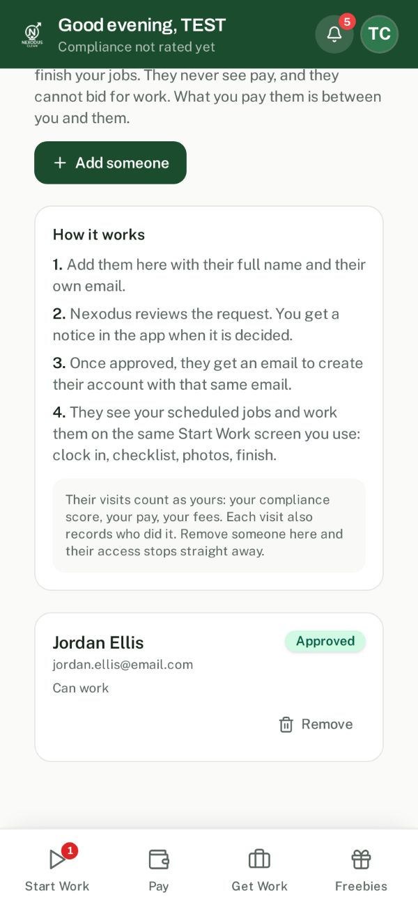 My team showing a crew member approved and able to work